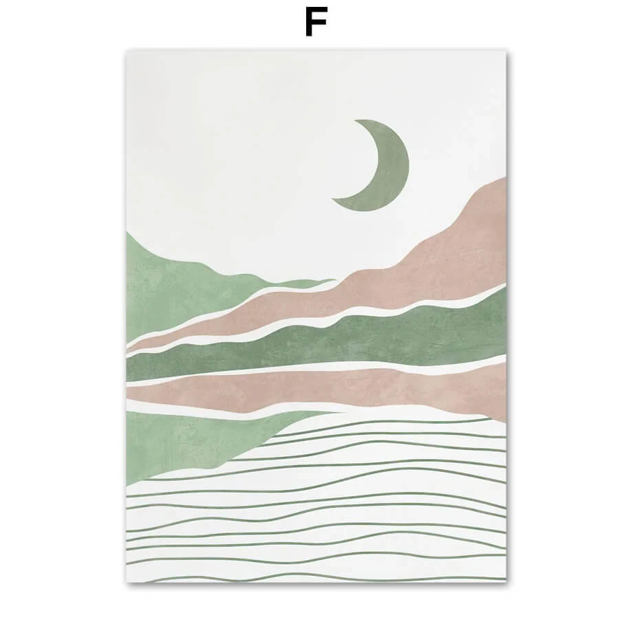 Poster with stylized landscape design featuring green mountains, a pink wave, and a crescent moon on a white background.