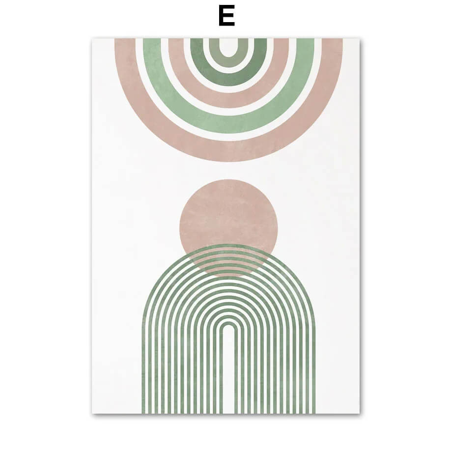 Geometric design with circular and arch shapes in pink and green on a white background