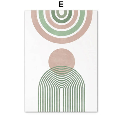 Geometric design with circular and arch shapes in pink and green on a white background