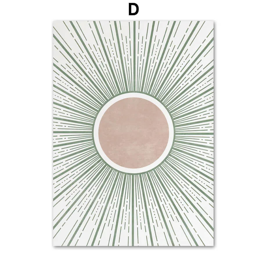 Decorative wall art with a central circle and radiating lines on a white background