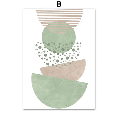 Geometric design with circles, stripes, and shapes in green and beige on a white background