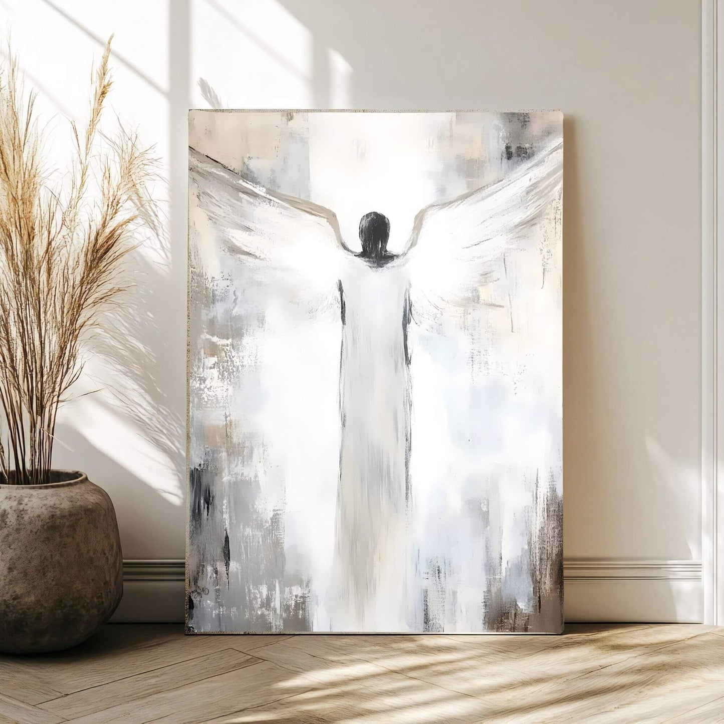 Abstract Angel Figure Framed Wall Art Canvas Print - Modern Spiritual Neutral Painting
