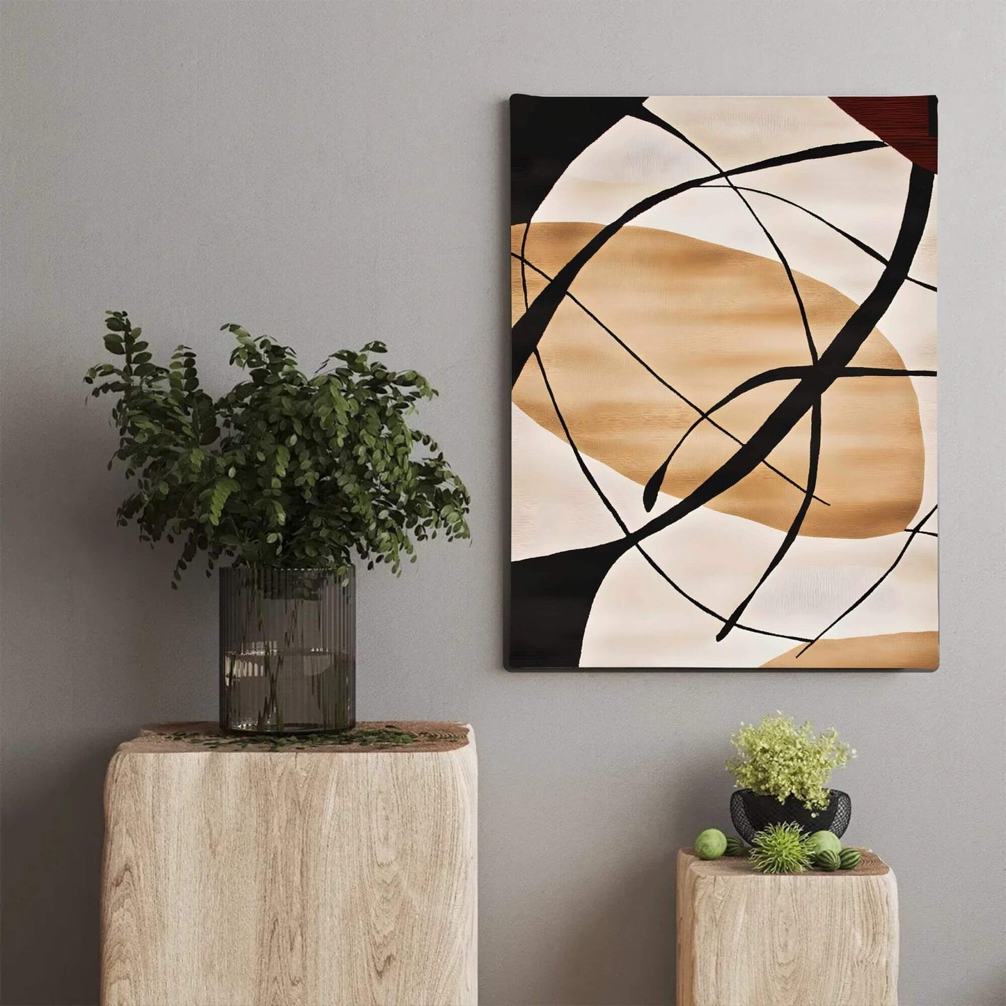 Abstract Beige Black Line Wall Art Canvas Print - Framed Modern Neutral Wall Art