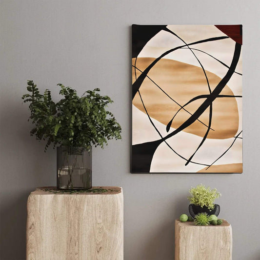Abstract Beige Black Line Wall Art Canvas Print - Framed Modern Neutral Wall Art