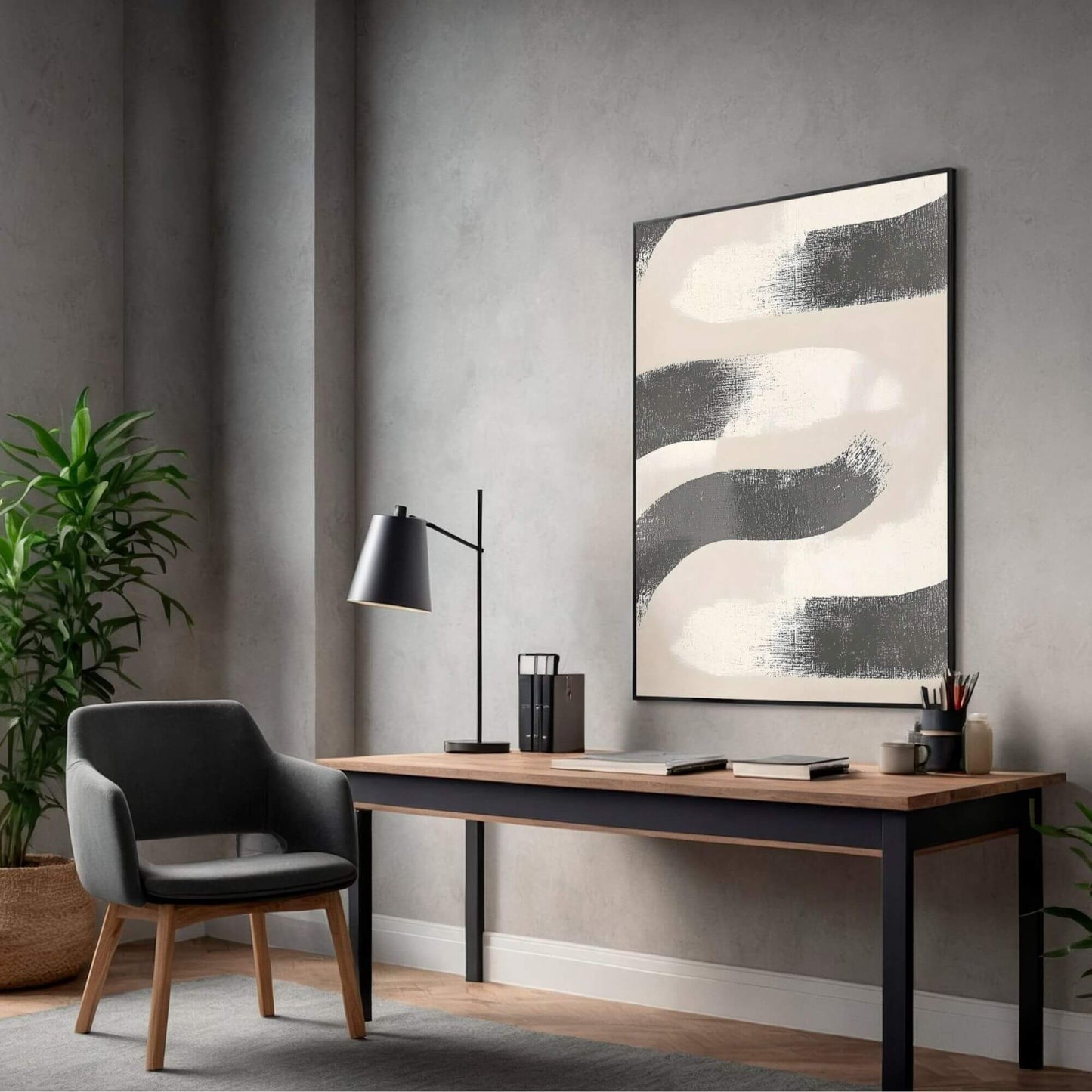 Abstract Black Beige Wave Framed Wall Art Canvas Print - Minimalist Modern Brush Stroke Artwork