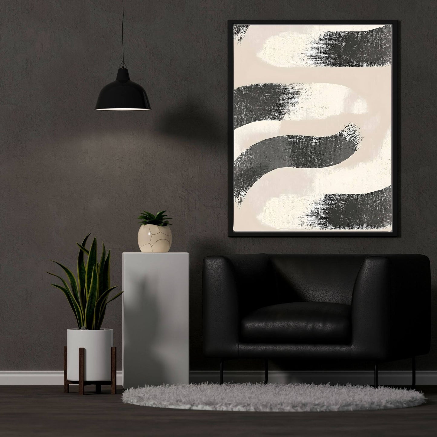 Abstract Black Beige Wave Framed Wall Art Canvas Print - Minimalist Modern Brush Stroke Artwork