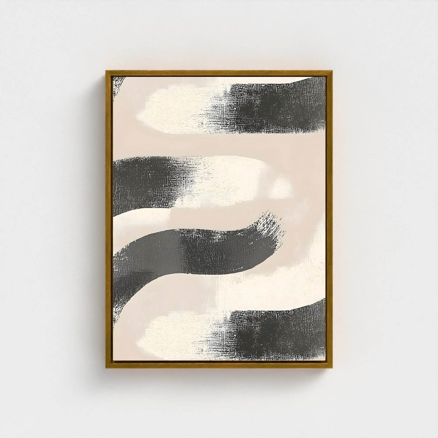 Abstract Black Beige Wave Framed Wall Art Canvas Print - Minimalist Modern Brush Stroke Artwork