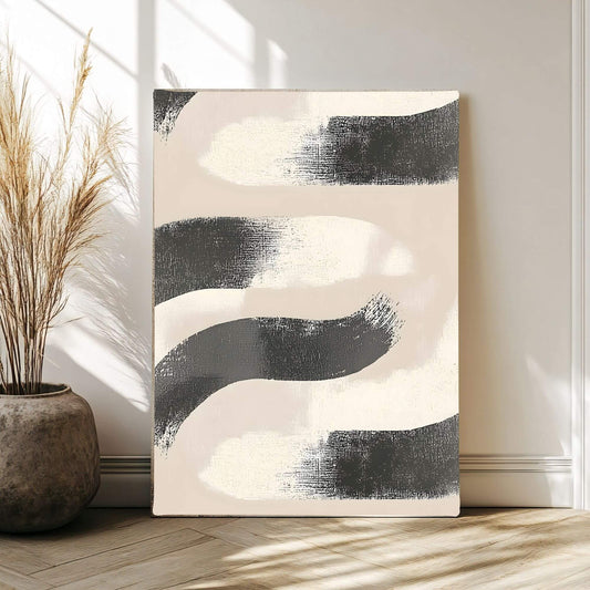 Abstract Black Beige Wave Framed Wall Art Canvas Print - Minimalist Modern Brush Stroke Artwork