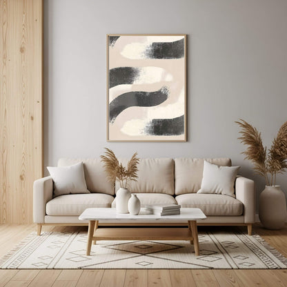 Abstract Black Beige Wave Framed Wall Art Canvas Print - Minimalist Modern Brush Stroke Artwork