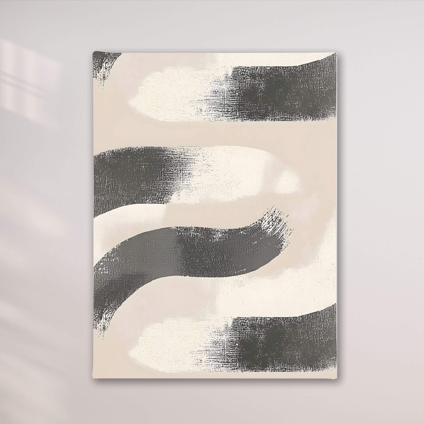 Abstract Black Beige Wave Framed Wall Art Canvas Print - Minimalist Modern Brush Stroke Artwork