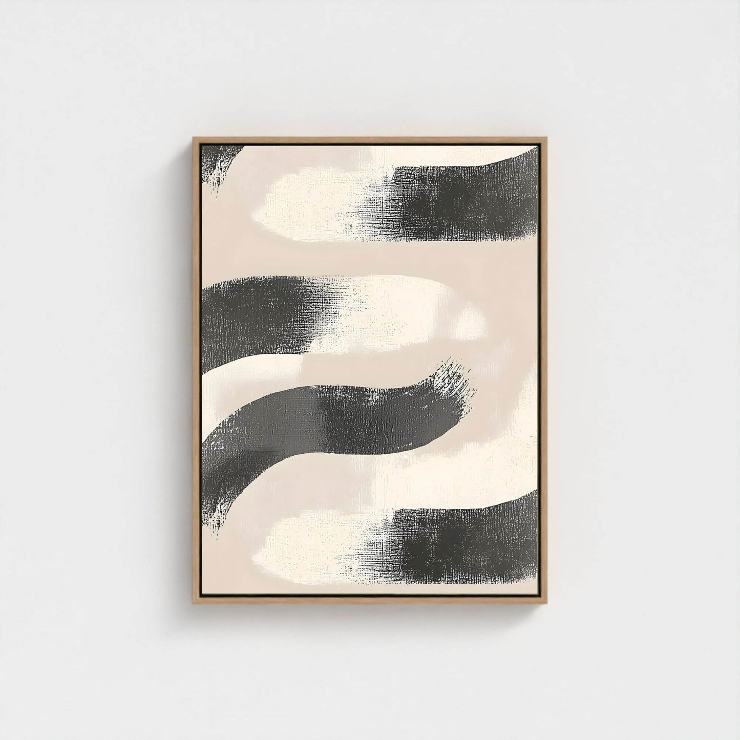 Abstract Black Beige Wave Framed Wall Art Canvas Print - Minimalist Modern Brush Stroke Artwork
