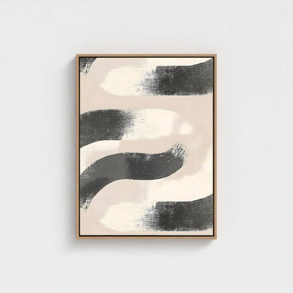 Abstract Black Beige Wave Framed Wall Art Canvas Print - Minimalist Modern Brush Stroke Artwork