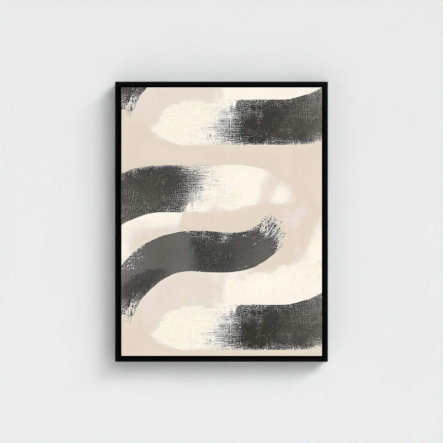 Abstract Black Beige Wave Framed Wall Art Canvas Print - Minimalist Modern Brush Stroke Artwork