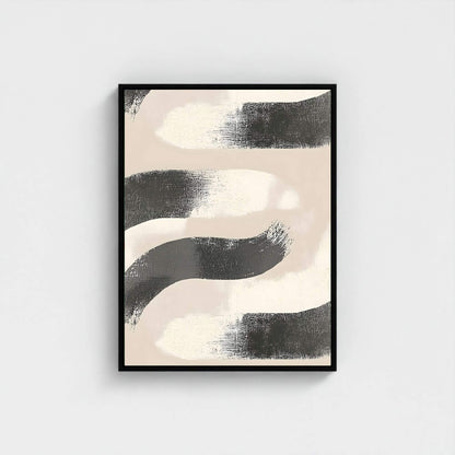 Abstract Black Beige Wave Framed Wall Art Canvas Print - Minimalist Modern Brush Stroke Artwork