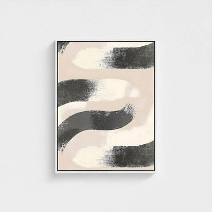 Abstract Black Beige Wave Framed Wall Art Canvas Print - Minimalist Modern Brush Stroke Artwork