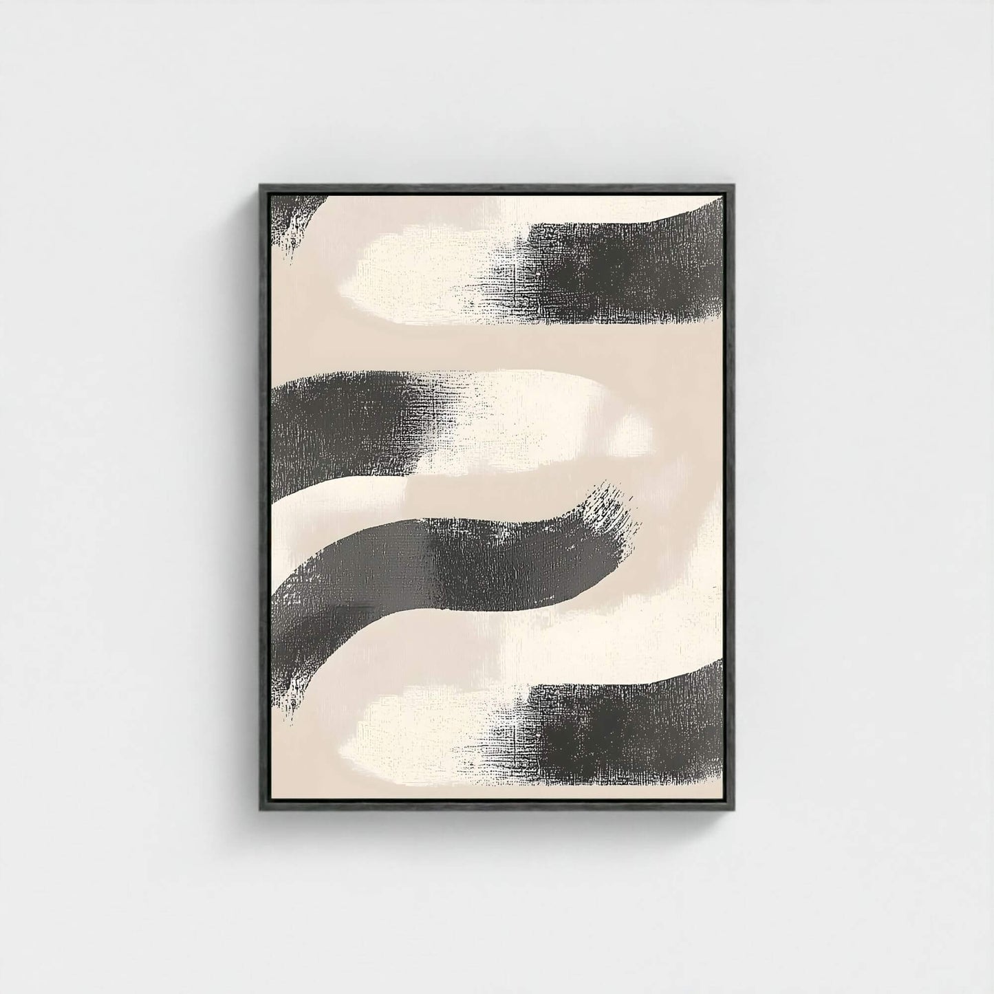Abstract Black Beige Wave Framed Wall Art Canvas Print - Minimalist Modern Brush Stroke Artwork