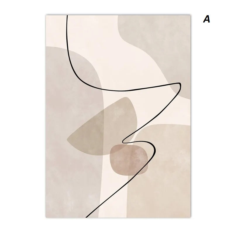 Abstract art piece with geometric shapes and a black line on a beige background