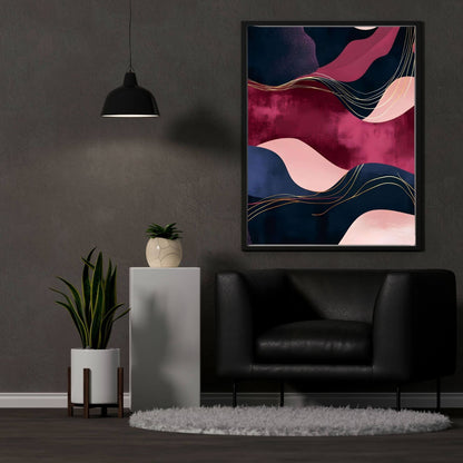 Abstract Burgundy Navy Wave Wall Art Canvas - Framed Modern Wall Art