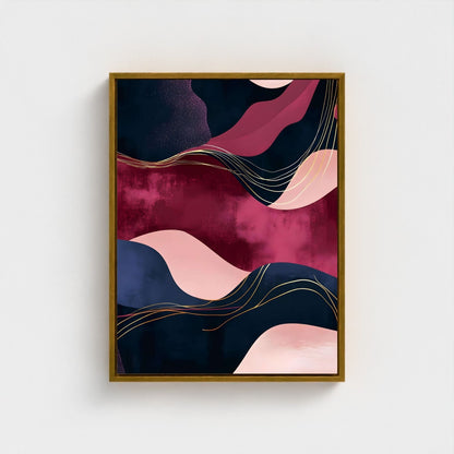 Abstract Burgundy Navy Wave Wall Art Canvas - Framed Modern Wall Art