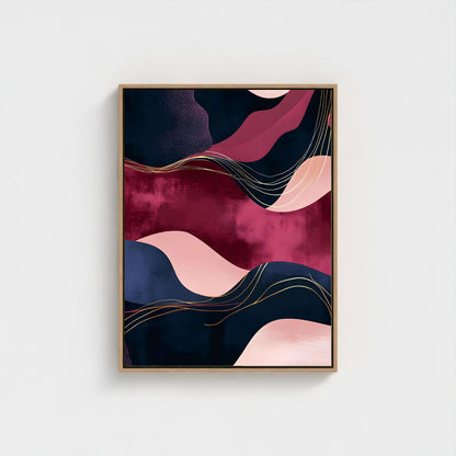 Abstract Burgundy Navy Wave Wall Art Canvas - Framed Modern Wall Art