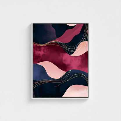 Abstract Burgundy Navy Wave Wall Art Canvas - Framed Modern Wall Art