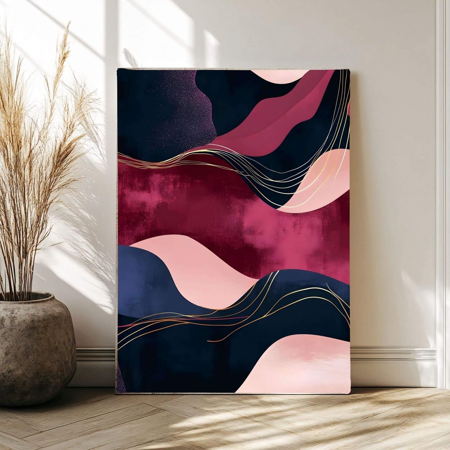 Abstract Burgundy Navy Wave Wall Art Canvas - Framed Modern Wall Art