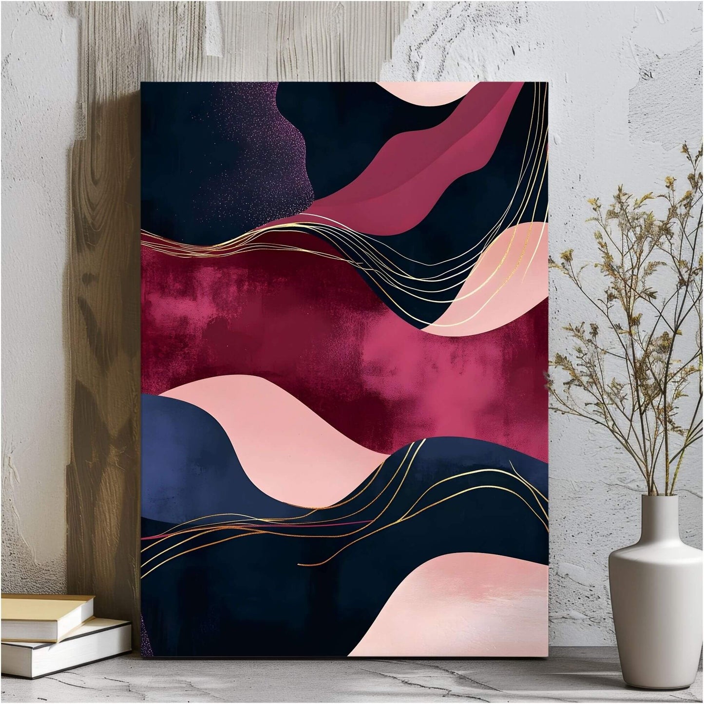 Abstract Burgundy Navy Wave Wall Art Canvas - Framed Modern Wall Art