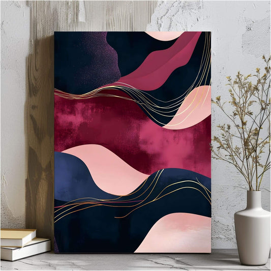 Abstract Burgundy Navy Wave Wall Art Canvas - Framed Modern Wall Art
