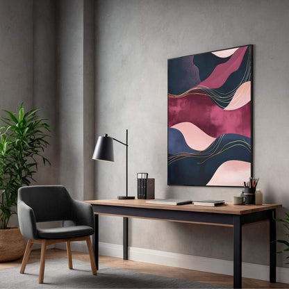 Abstract Burgundy Navy Wave Wall Art Canvas - Framed Modern Wall Art