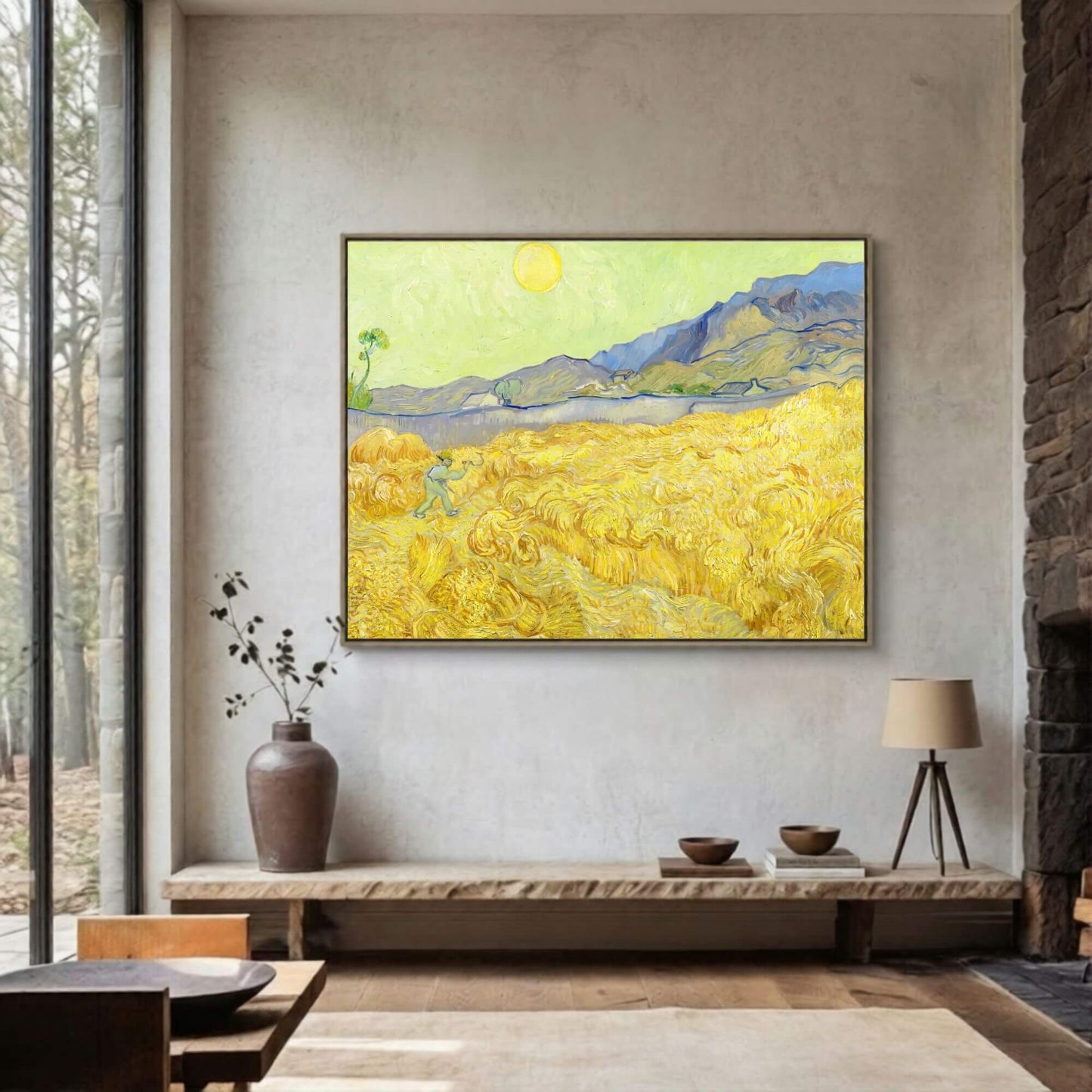 Abstract Coastal Landscape Framed Wall Art Canvas Print – Yellow Blue Modern Artwork