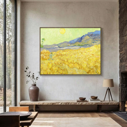Abstract Coastal Landscape Framed Wall Art Canvas Print – Yellow Blue Modern Artwork