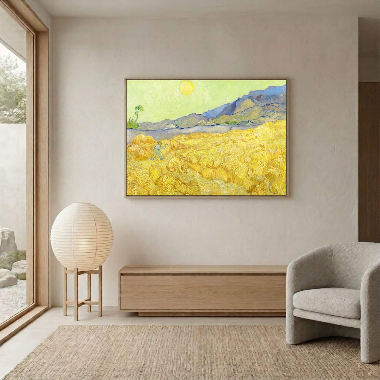 Abstract Coastal Landscape Framed Wall Art Canvas Print – Yellow Blue Modern Artwork