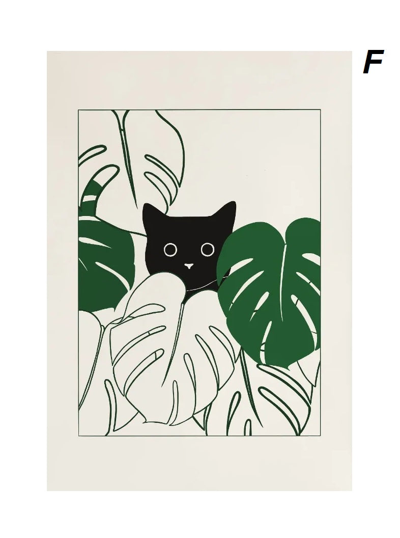 Abstract Funny Lazy Cat Minimalist Boho Wall Art Canvas Prints Retro Cat Poster For Living Room Dining Room Décor