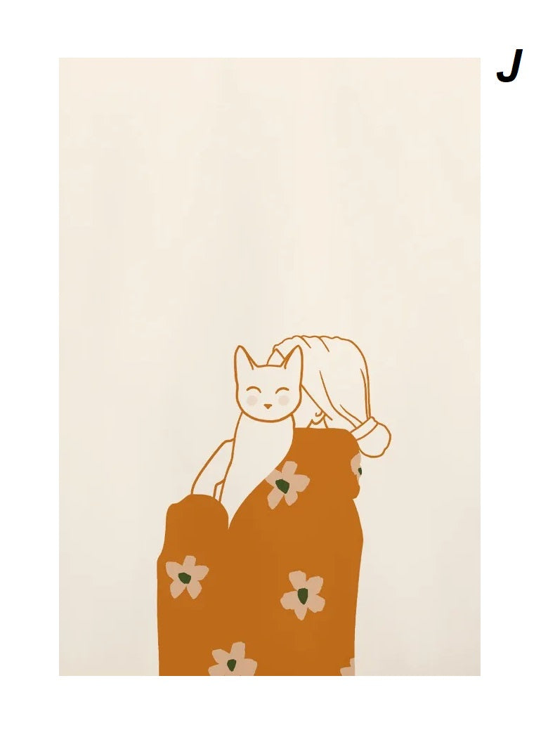 Abstract Funny Lazy Cat Minimalist Boho Wall Art Canvas Prints Retro Cat Poster For Living Room Dining Room Décor