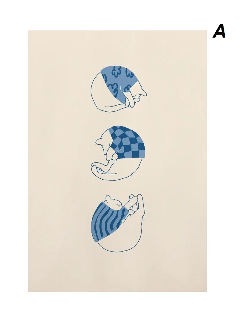 Abstract Funny Lazy Cat Minimalist Boho Wall Art Canvas Prints Retro Cat Poster For Living Room Dining Room Décor