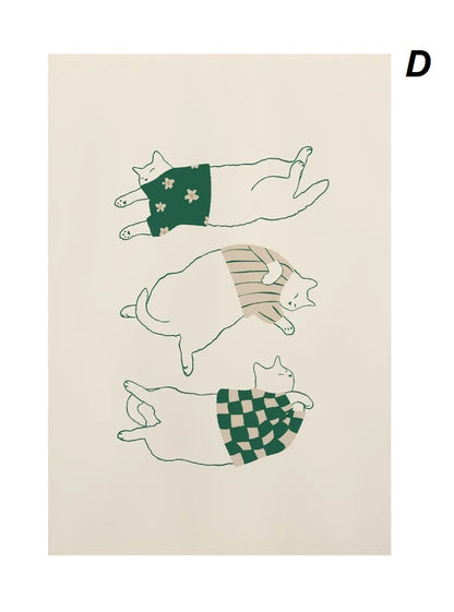 Abstract Funny Lazy Cat Minimalist Boho Wall Art Canvas Prints Retro Cat Poster For Living Room Dining Room Décor