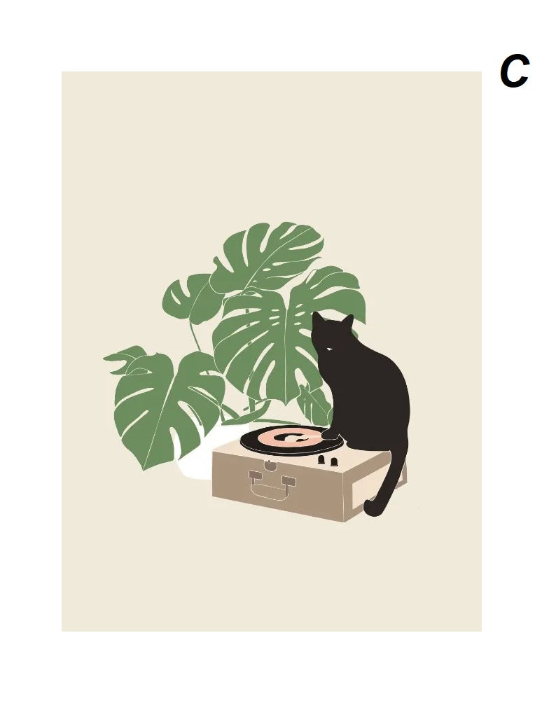 Abstract Funny Lazy Cat Minimalist Boho Wall Art Canvas Prints Retro Cat Poster For Living Room Dining Room Décor