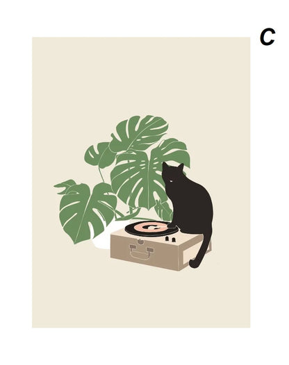 Abstract Funny Lazy Cat Minimalist Boho Wall Art Canvas Prints Retro Cat Poster For Living Room Dining Room Décor