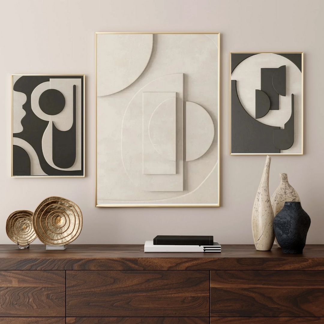 Abstract Geometric 3D Effect Beige Wabi Sabi Wall Art Canvas Prints For Modern Scandinavian Living Room Wall Decor
