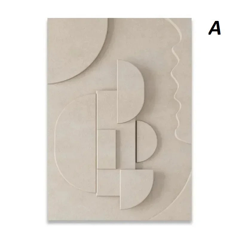 Abstract Geometric 3D Effect Beige Wabi Sabi Wall Art Canvas Prints For Modern Scandinavian Living Room Wall Decor