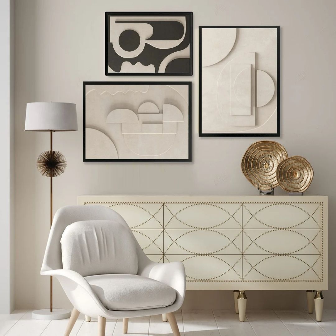 Abstract Geometric 3D Effect Beige Wabi Sabi Wall Art Canvas Prints For Modern Scandinavian Living Room Wall Decor