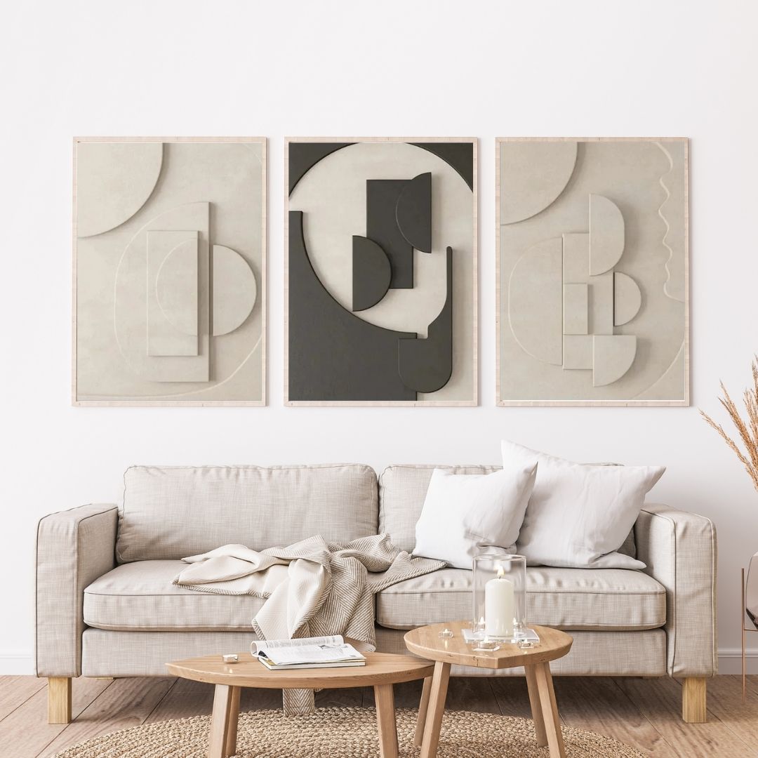 Abstract Geometric 3D Effect Beige Wabi Sabi Wall Art Canvas Prints For Modern Scandinavian Living Room Wall Decor