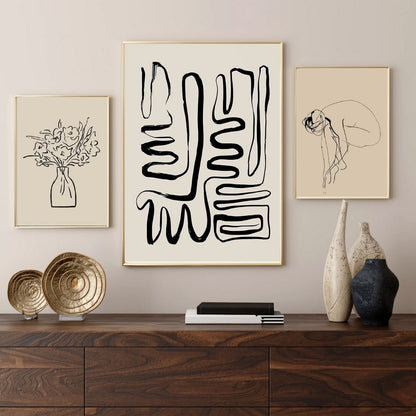 Abstract Line Vase Girl Retro Wabi-Sabi Wall Art Canvas Print Modern Beige Poster For Living Room Bedroom Home Decor