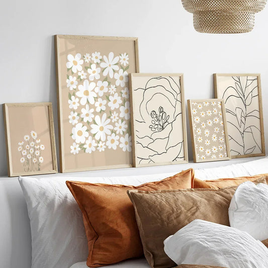 Abstract Minimalist Line Nordic Flowers Daisies Pastel Canvas Prints Wall Art Neutral Pictures For Scandinavian Living Room Bedroom Refresh