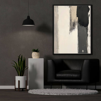 Abstract Neutral Brush Stroke Framed Wall Art Canvas Print - Modern Minimalist Beige Black Wall Art