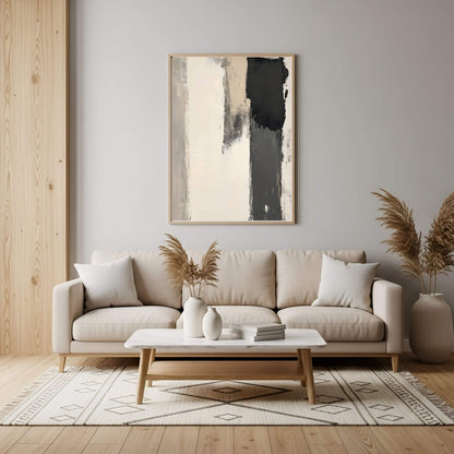 Abstract Neutral Brush Stroke Framed Wall Art Canvas Print - Modern Minimalist Beige Black Wall Art