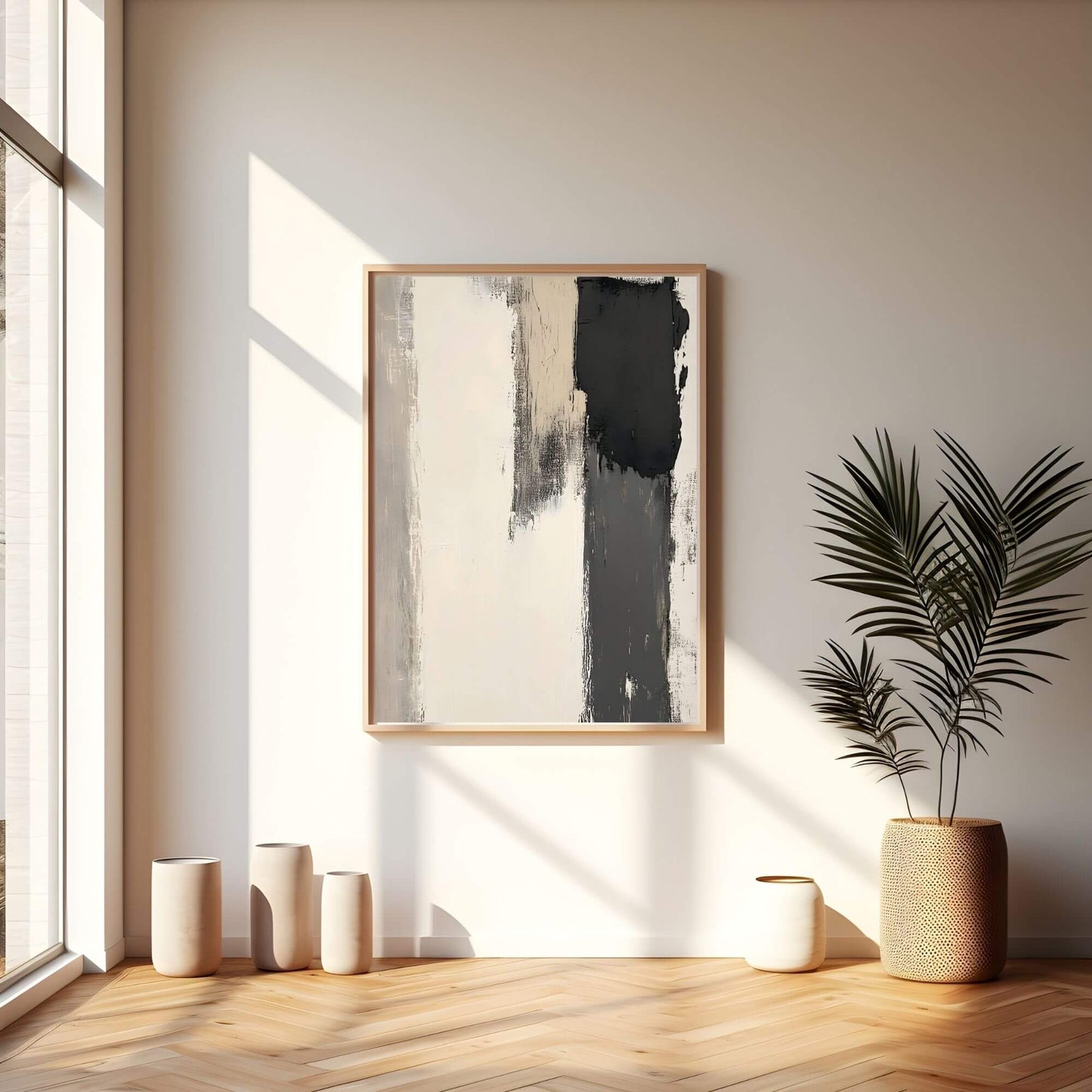 Abstract Neutral Brush Stroke Framed Wall Art Canvas Print - Modern Minimalist Beige Black Wall Art