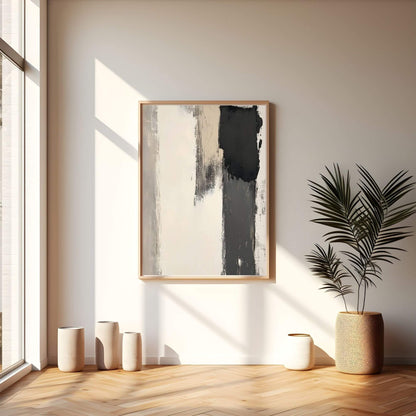 Abstract Neutral Brush Stroke Framed Wall Art Canvas Print - Modern Minimalist Beige Black Wall Art