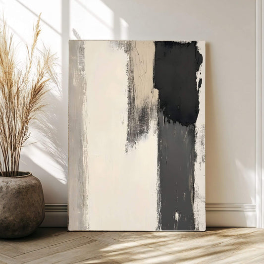 Abstract Neutral Brush Stroke Framed Wall Art Canvas Print - Modern Minimalist Beige Black Wall Art