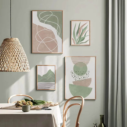 Abstract Sage Green Geometric Boho Wall Art Canvas Print For Modern Living Room Bedroom Home Decor